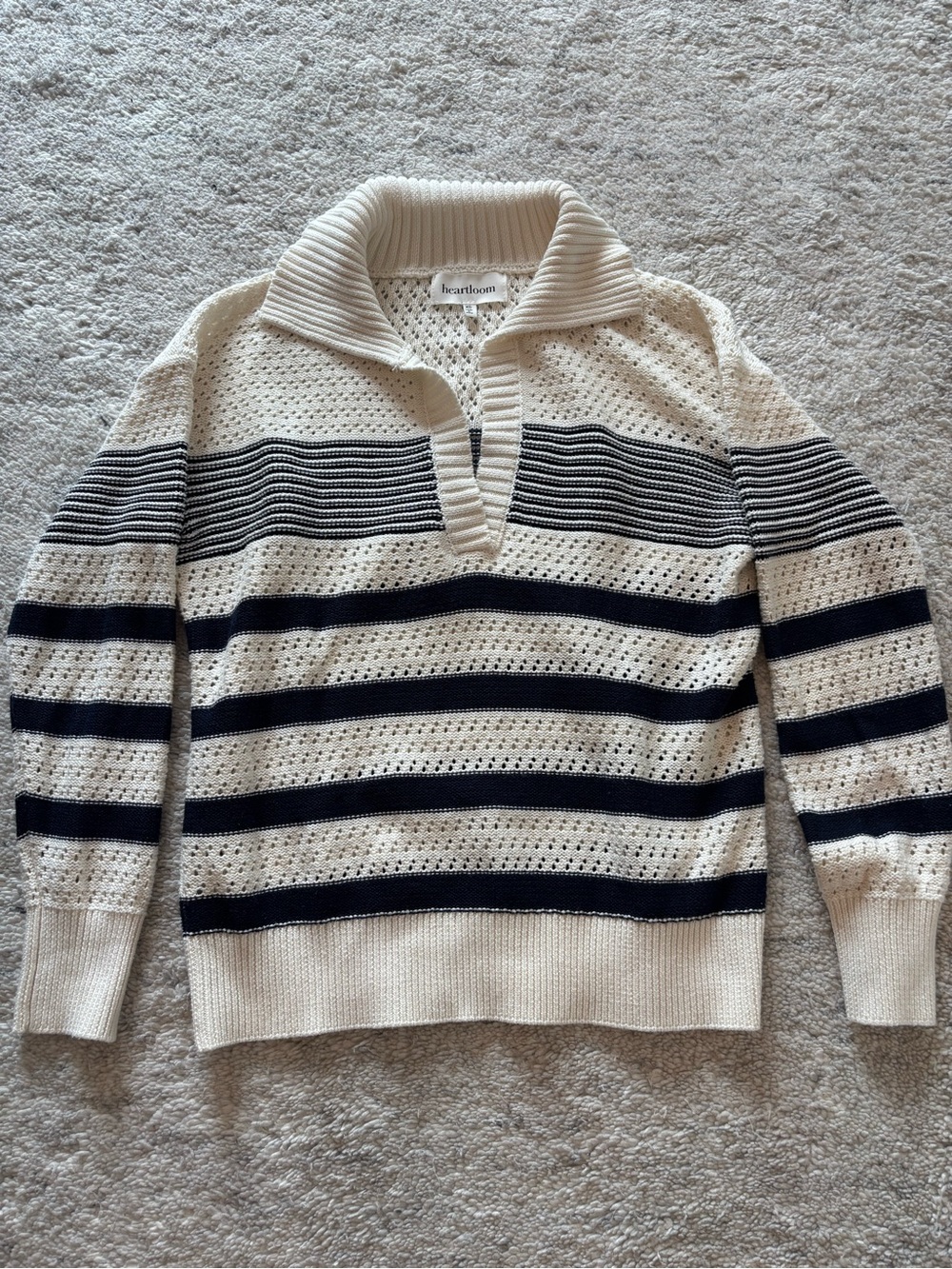 Heartloom Cream and Navy Striped V-Neck Knit Pullover